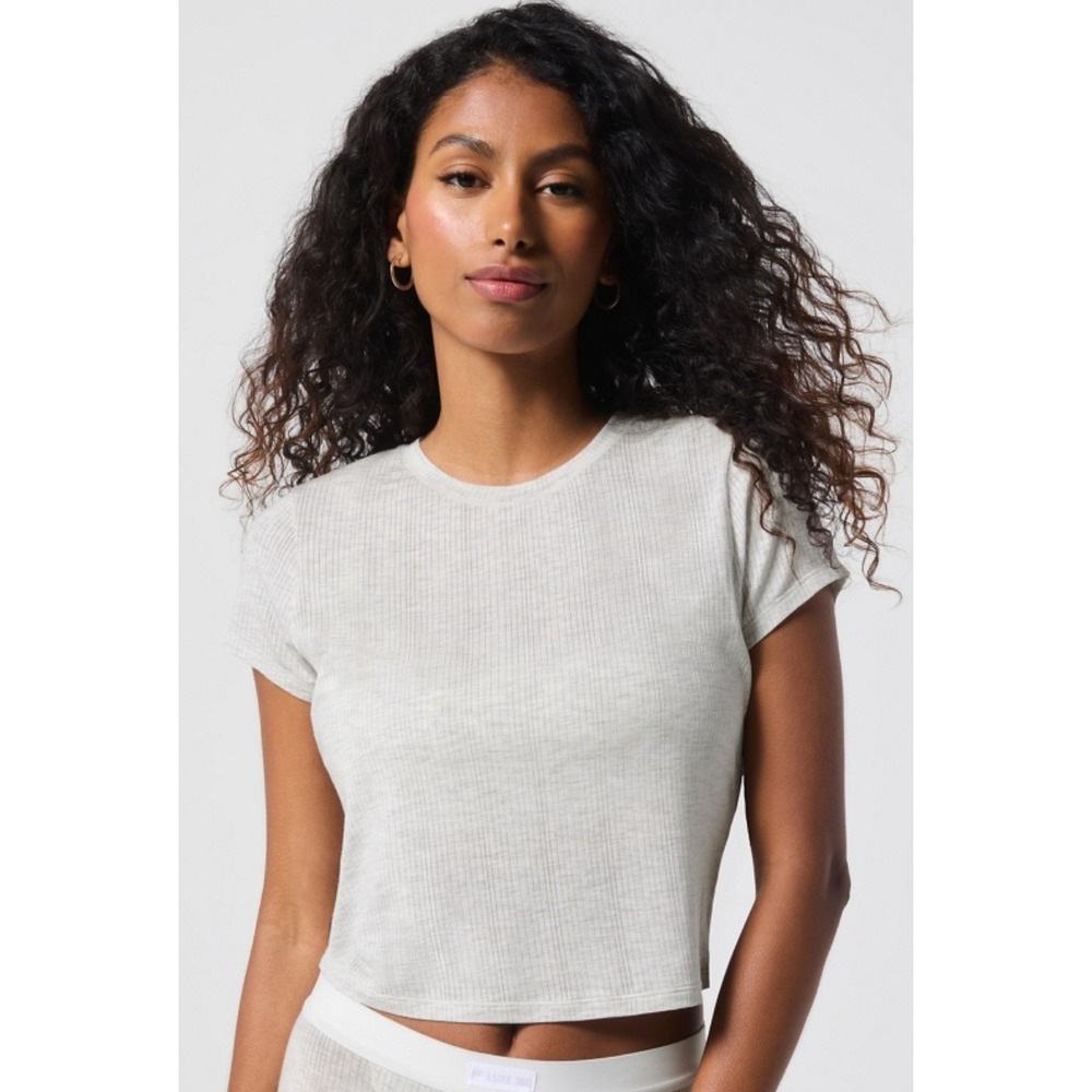 Fabletics Rib Baby Tee Womens Small White Short Sleeve Athletic Comfort Fit Gym